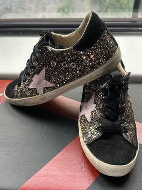 Golden Goose Black Suede Golf Glitter Sneakers with Purple Star